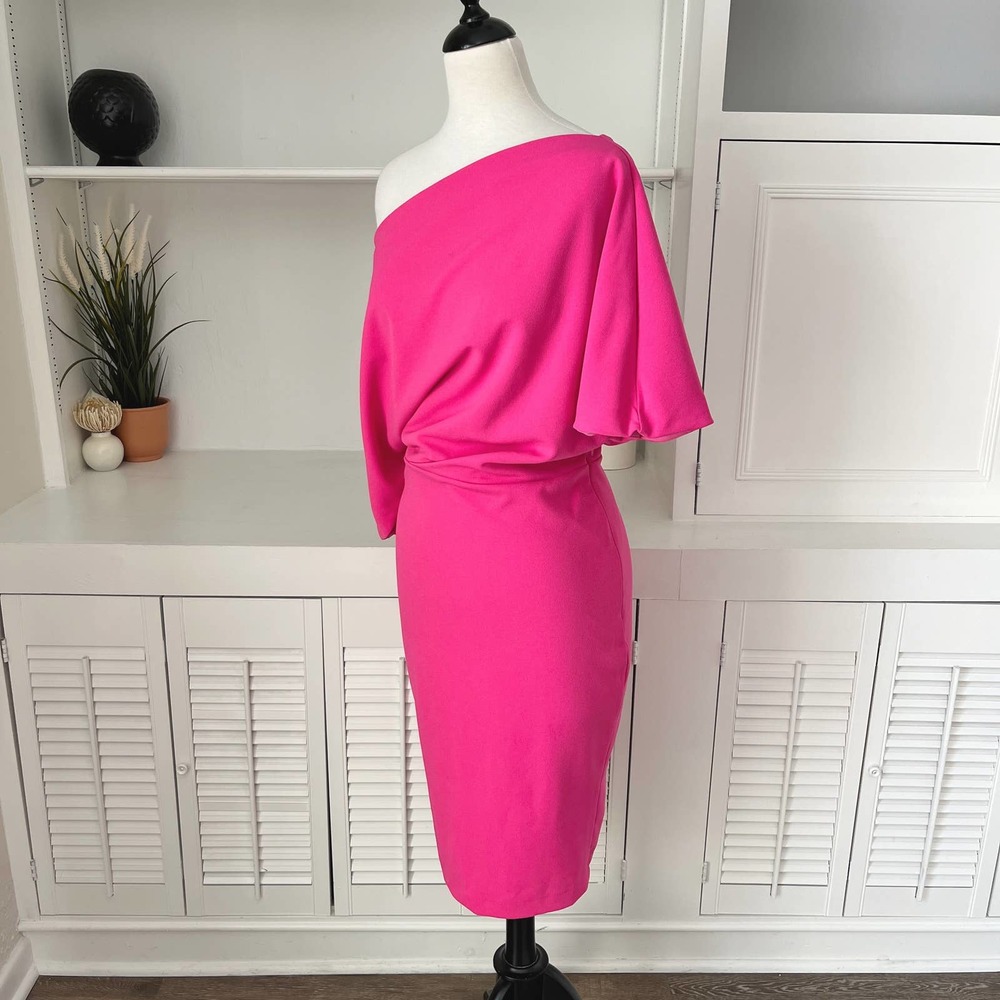 Alexia Admor Hot Pink Drape Shoulder Cocktail Sheath Dress Size M